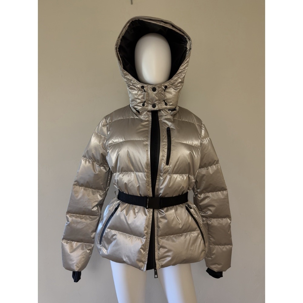 ZARA Women‎ Ski Collection Fitted Puffer Jacket Silver RECCO Removable Hood  L